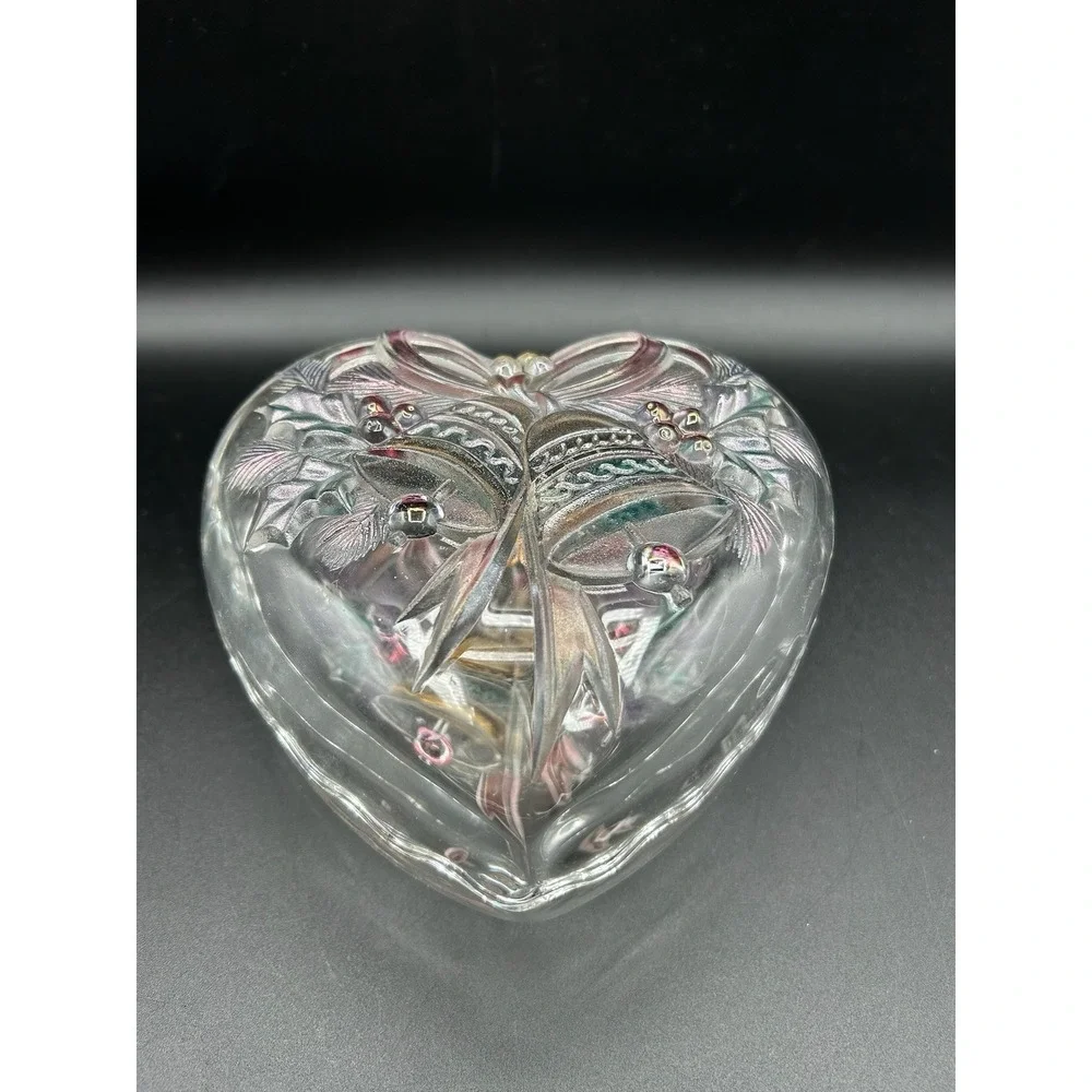 Mikasa Glass Heart Shaped Covered Candy Dish Trinket Box Festive Bells Christmas